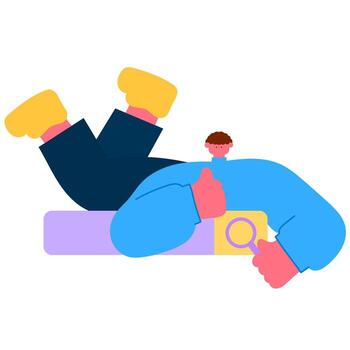 Man giving thumbs up with holding a magnifying glass and laying on a search bar, representing exploration, search engine optimization, and internet browsing flat illustration vector