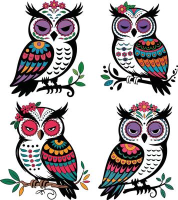 Four decorative day of the dead owls isolated on white background
