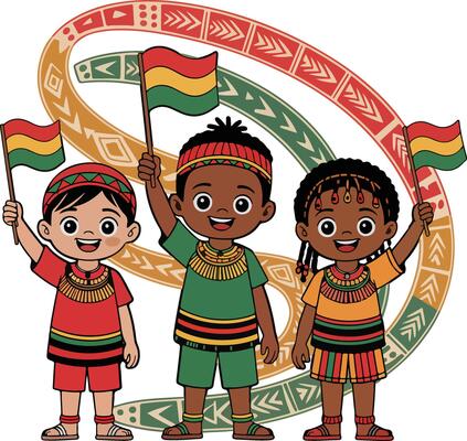 Children waving flags with cultural patterns isolated on white background