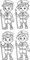 Four cartoon boy scouts with walking sticks isolated on white background vector
