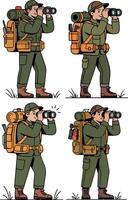 Four hikers with backpacks looking through binoculars isolated on white background vector