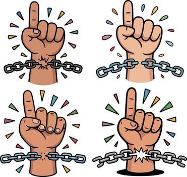 Four hands breaking chains pointing up isolated on white background vector