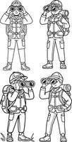 Four cartoon hikers looking through binoculars isolated on white background vector