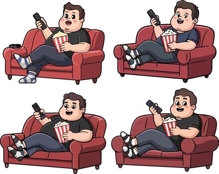 Man relaxing on couch watching tv with snacks isolated on white background vector