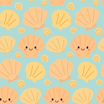 Friendly scallop shells in warm peach and yellow tones smile across a seamless repeat pattern ideal for beach-themed kids fabrics, summer textiles, and cheerful prints