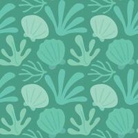Flat seaweed and shell graphics in calming green hues form a seamless oceanic pattern for tropical surface design, natural textiles, and undersea artwork vector