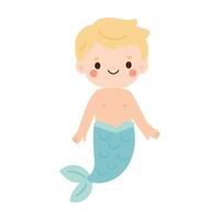 Happy blond triton merboy with blue tail and smiling face, merman perfect for magical ocean scenes, myth illustrations, and underwater children art vector