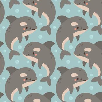 Smiling cartoon dolphins with rosy cheeks and floating bubbles on soft blue add charm to marine nursery art, seamless children patterns, and aquatic prints vector
