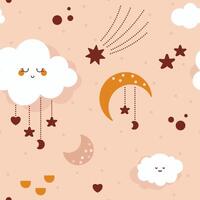 Bohemian baby seamless pattern with kawaii cloud leaves rainbows moon heart. vector