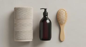 Minimalist bathroom essentials towel soap dispenser and brush photo