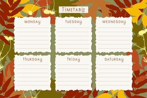 School timetable, bright autumn leaves silhouettes. Classroom timetable lines. Study plan. Planner, classroom table, template. vector