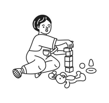 Doodle illustration of a child happily playing with building blocks. The child is stacking cubes to create a tower. Minimalist black and white style adds simplicity. vector
