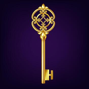 Detailed illustration of a decorative golden key with intricate design on a rich purple background. Elegant and timeless, perfect for concepts of security and mystery. vector