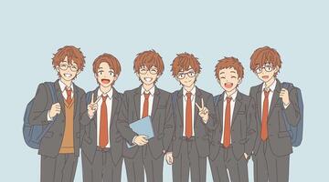 Illustration of smiling anime students in school uniforms. Vibrant and positive mood. Standing against a light blue background. Represents teamwork and friendship. vector
