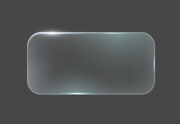 Glossy rectangular glass button with rounded corners on dark background. Sleek, minimalist design with subtle reflections, suitable for modern interfaces and tech designs.
