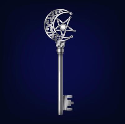 Illustration of a silver key with crescent moon and star design. Elegant and artistic, set against a deep blue gradient background. Represents mystery and elegance.