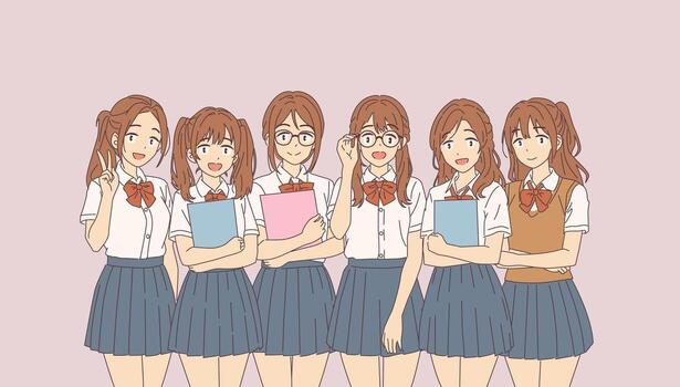 Illustration of a group of smiling anime schoolgirls in uniforms. They hold folders, creating a cheerful and studious atmosphere. Pastel background enhances the friendly vibe. vector