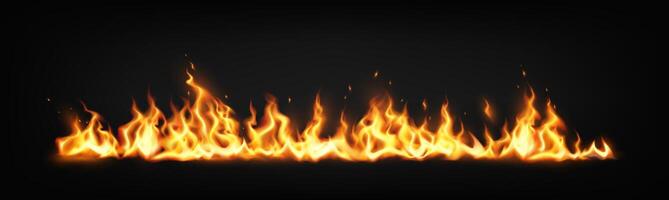 Digital illustration of realistic flames wall in vibrant orange and yellow on a black background. Represents heat and energy. Ideal for design concepts requiring intensity. vector