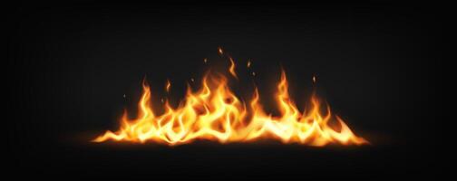 Vivid realistic orange and yellow flames on a black background. This fiery depiction captures the intensity and movement of fire, ideal for themed designs. vector