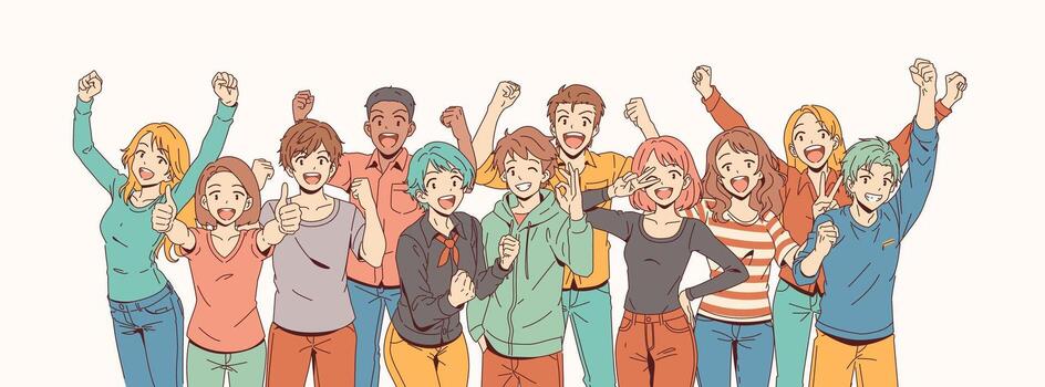 A joyful group of diverse young people expressing happiness and unity. They are smiling and cheering energetically, seeming to enjoy a positive moment against a clean background. vector