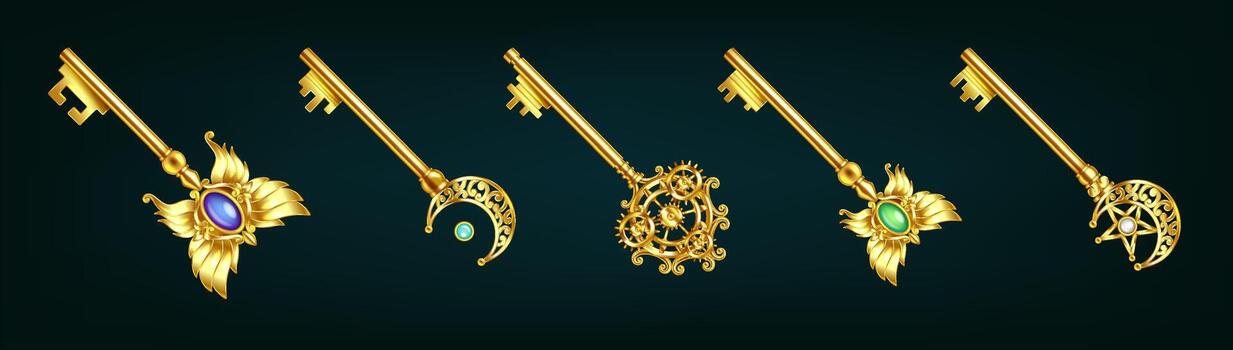 Illustration featuring five decorative golden keys with intricate designs. Each key showcases unique motifs like floral patterns and celestial elements on a dark background. vector