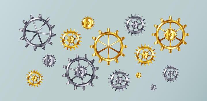 Illustration of metallic gears, interlocking in bright gold and silver tones. This image represents mechanical precision and engineering concepts, set on a light grey background. vector