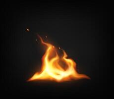 Realistic digital illustration of fiery flames against a dark backdrop. Glowing orange and yellow hues create a warm and dynamic visual. Ideal for creative projects. vector