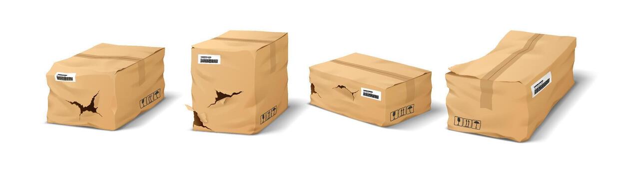 Illustration of four damaged cardboard boxes. Boxes are dented and torn with visible barcodes. Set on a white background for delivery and logistics themes. vector