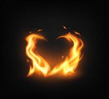 Illustration of heart shaped flames glowing vividly against a dark backdrop. The fiery heart design captures passion and intensity in warm orange tones. vector