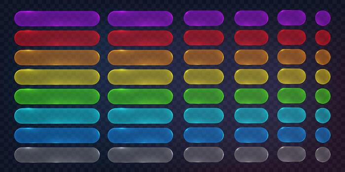 lustroso ui botones en un variedad de colores incluso rojo, verde, azul, y púrpura. diseñado con un moderno y brillante estilo en un a cuadros antecedentes. ideal para web y aplicación diseño. vector