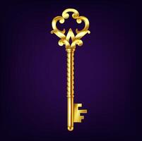 Illustration of an ornate golden key with intricate details against a dark purple background. The elegant design evokes a sense of mystery and sophistication. vector