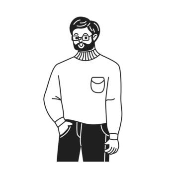 Minimalist black and white doodle illustration of a man with a beard and glasses. The figure wears a sweater with a pocket. The style is simple and modern, suitable for various uses. vector