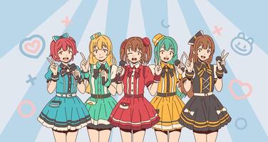 Korean or Japanese idol k-pop singing band. Five animated girls in vibrant dresses singing joyfully. Each holds a microphone and poses energetically. Soft pastel background vector