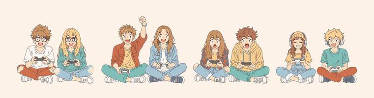 Friends playing video games together vector