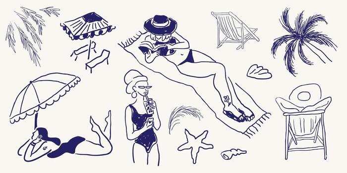 set of gils and objects on the beach vector