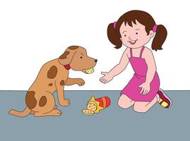 One girl feeding biscuits to the dog vector