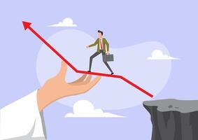 Jesus hand supporting a red arrow that serves as a bridge for a businessman crossing a gap vector