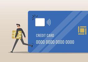 a large credit card and a thief attempting to steal a data from it vector