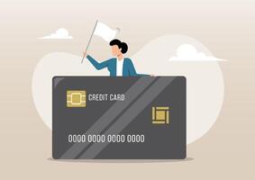 Businesswoman holding a white flag behind a large credit card, resembling a surrender vector