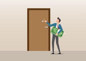a businessman knocking on a closed door while holding a large stack of money vector