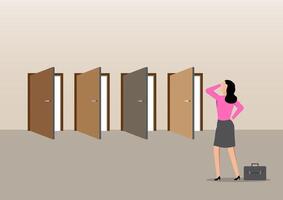 a woman facing multiple open doors, symbolizing a dilemma or choice vector