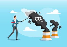 a man trying to remove carbon dioxide emissions from a factory's smokestack vector