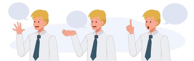 Set of businessman in various gesture. say hi,welcome,making some advice,notice.Flat cartoon character illustration. vector