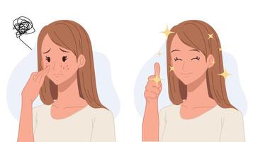 Skin care concept.woman,girl with acne.Before and after acne.Flat 2d cartoon character illustration. vector