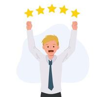 success concept. businessman is happy with five stars rating above. Flat vecctor cartoon illustration vector