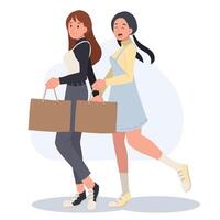 Full length of two happy young women going shopping.flat cartoon character illustration. vector