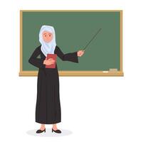 Muslim teacher, professor standing in front of blackboard teaching student in classroom at school.flat cartoon illustration. vector