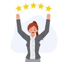 success concept. businesswoman is happy with five stars rating above. Flat vecctor cartoon illustration vector