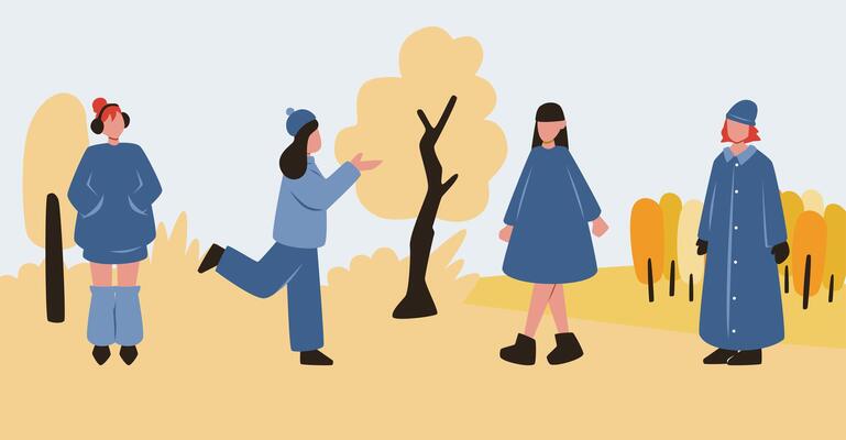 Teenagers are spending the holiday in the city park. Group of girls enjoy garden scenery illustration.
