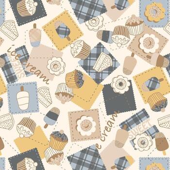 hand drawn cake and ice cream patchwork pattern vector